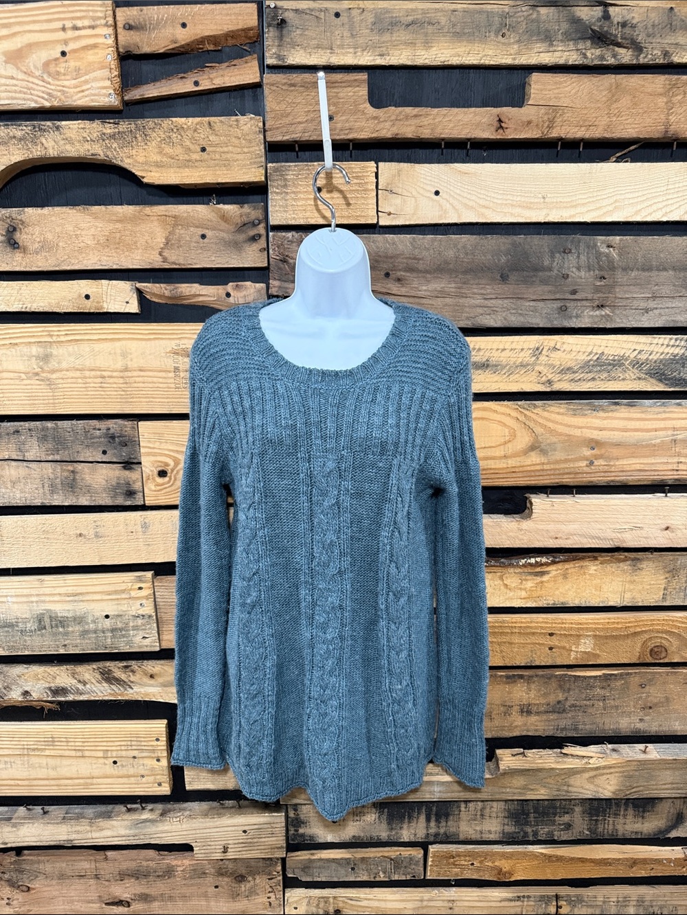 prAna women's teal cable-knit crewneck tunic sweater size large